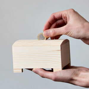 Spardose aus Holz, Geld Dose Sparbüchse mit Füße 12,5 x 9 cm Kinder Reisekasse