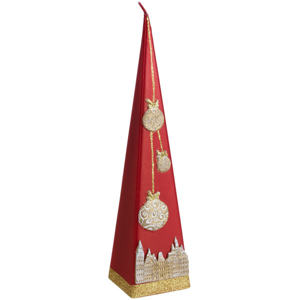 Pyramidenkerze mit 33 cm Höhe, Adventskerze mit goldenem Wachsmotiv