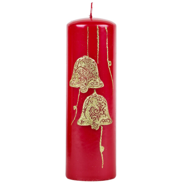 Große Weihnachtskerze aus Wachs mit goldenen Glocken, Stumpenkerze
