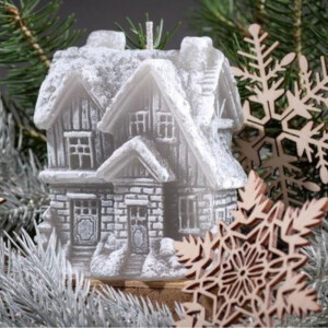 Weihnachtskerze, graues Haus aus Wachs, 3D Motivkerze