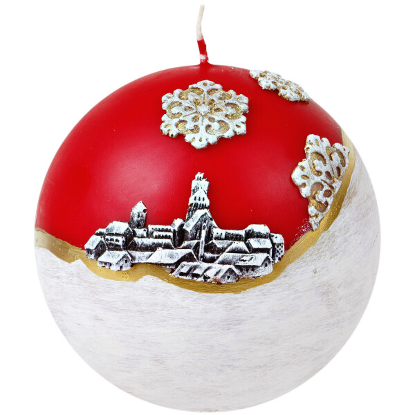 Große zweifarbige Kugelkerze mit Weihnachtsmotiv im Winterlook
