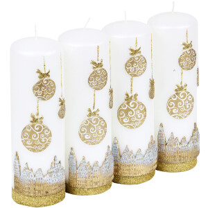 Weihnachtskerze in Weiß 19 cm hoch, mit goldenem Motiv Ø 6 cm