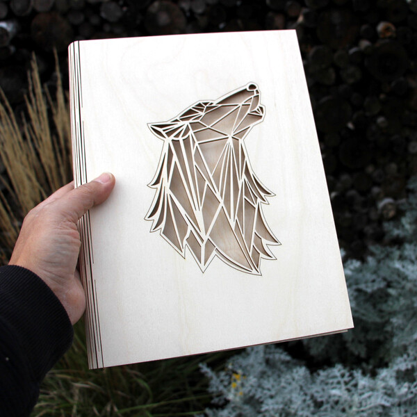 Holzordner, Wolf gelasert, Schnellhefter aus Holz, DIN A4