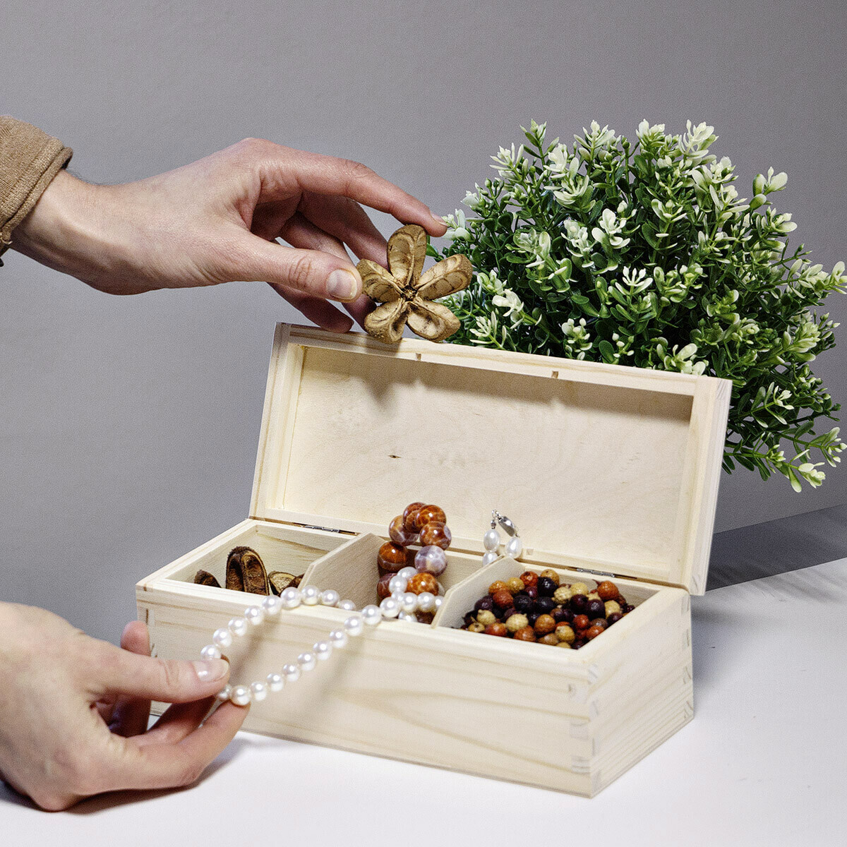 3 Fach Holz Teekiste mit Deckel, 6,34