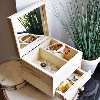 Jewelry box made of natural wood with mirror and one drawer