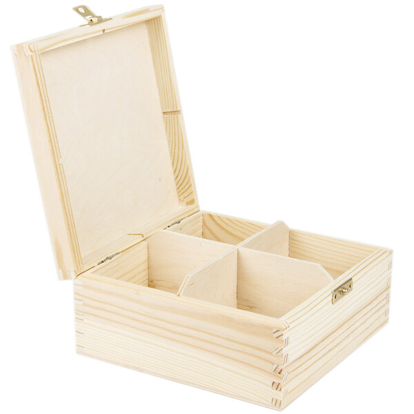 Haushaltskiste aus Holz 4 Fächer 16,5 x 16,5 x 8 cm, Teekiste