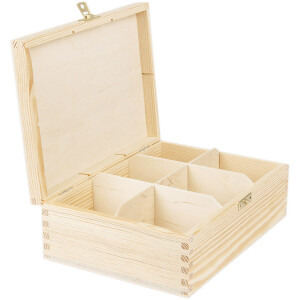 Unbehandelte Holz-Teekiste mit Schloss, 6 Fächer,...