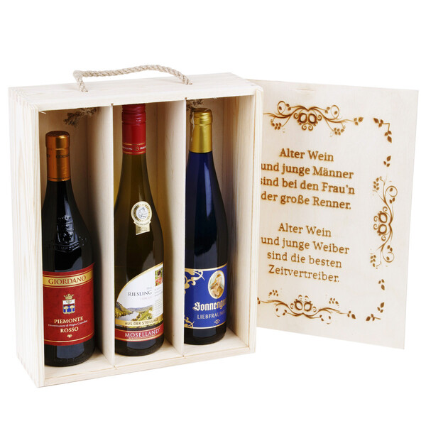 gravierte Wein-Geschenkkiste für drei Weinflaschen