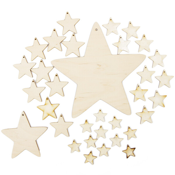 Sterne aus Holz 10 Stück Fädelloch 3 x 3 cm