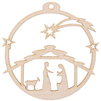 Krippe Jesus als Weihnachtskugel aus Holz