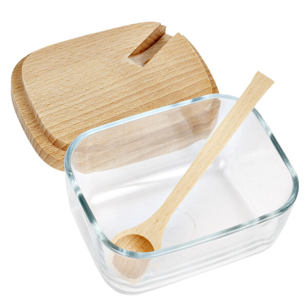 Dekorative Zuckerdose aus Glas mit Holzdeckel und Holzlöffel