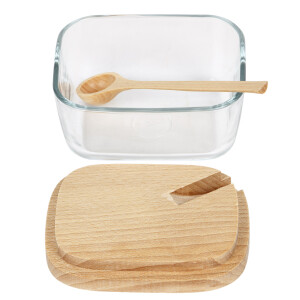 Dekorative Zuckerdose aus Glas mit Holzdeckel und Holzlöffel