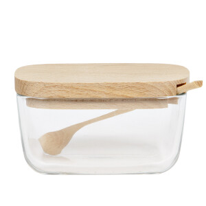 Dekorative Zuckerdose aus Glas mit Holzdeckel und Holzlöffel
