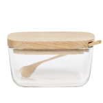 Dekorative Zuckerdose aus Glas mit Holzdeckel und Holzlöffel