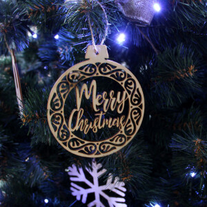 Kugel für den Weihnachtsbaum aus Holz, Merry Christmas